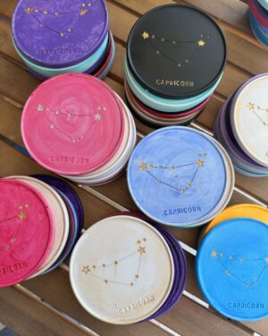 Capricorn Coaster - Hand-painted Capricorn Constellation Coaster in porcelain with gold design and cork base.