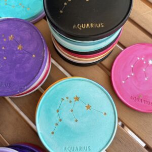 Aquarius Coaster - Hand-painted Aquarius Constellation Coaster in porcelain with aqua turquoise design and cork base.