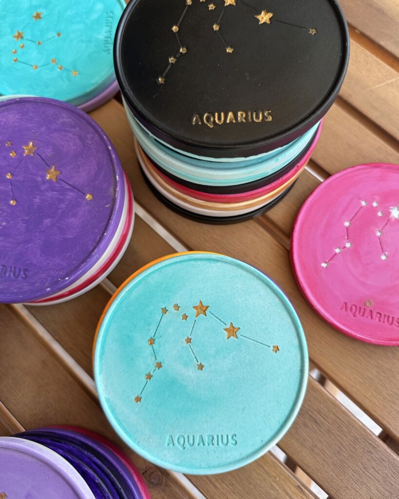 Aquarius Coaster - Hand-painted Aquarius Constellation Coaster in porcelain with aqua turquoise design and cork base.