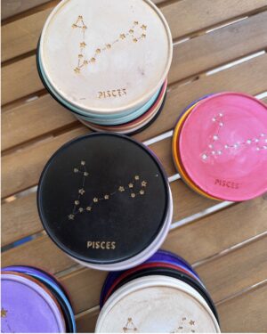 Pisces Coaster - Hand-painted Pisces Constellation Coaster in porcelain with night blue design and cork base.