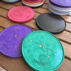 Taurus Coaster - Hand-painted Taurus Constellation Coaster in porcelain with green design and cork base.