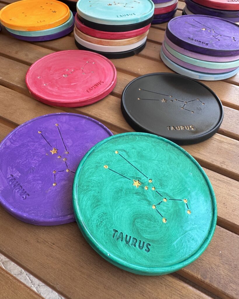 Taurus Coaster - Hand-painted Taurus Constellation Coaster in porcelain with green design and cork base.