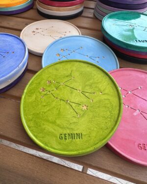 Gemini Coaster - Hand-painted Gemini Constellation Coaster in porcelain with blue sky design and cork base.