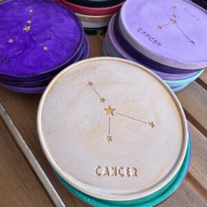 Cancer Coaster - Hand-painted Cancer Constellation Coaster in porcelain with pink design and cork base.