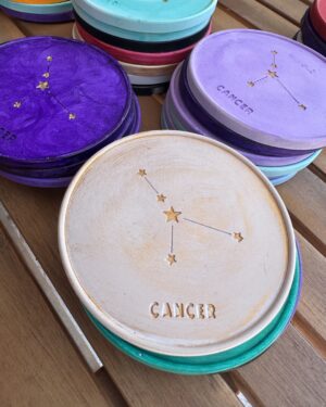 Cancer Coaster - Hand-painted Cancer Constellation Coaster in porcelain with pink design and cork base.
