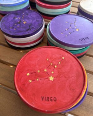 Virgo Coaster - Hand-painted Virgo Constellation Coaster in porcelain with natural design and cork base.