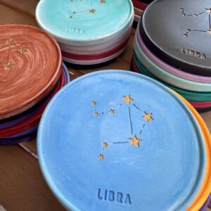 Libra Coaster - Hand-painted Libra Constellation Coaster in porcelain with aqua turquoise design and cork base.