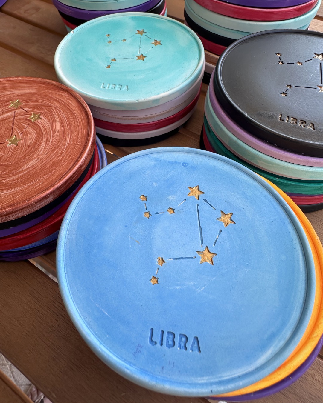 Libra Coaster - Hand-painted Libra Constellation Coaster in porcelain with aqua turquoise design and cork base.