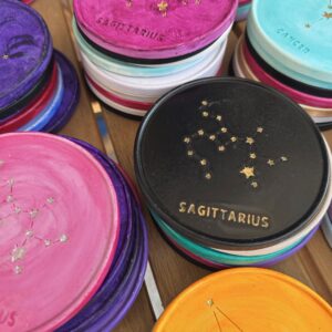 Sagittarius Coaster - Hand-painted Sagittarius Constellation Coaster in porcelain with purple design and cork base.