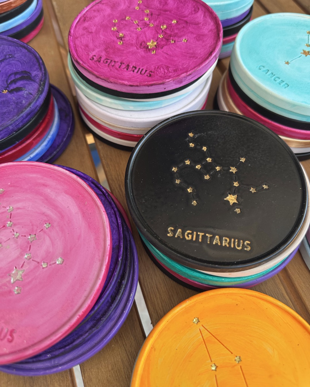 Sagittarius Coaster - Hand-painted Sagittarius Constellation Coaster in porcelain with purple design and cork base.
