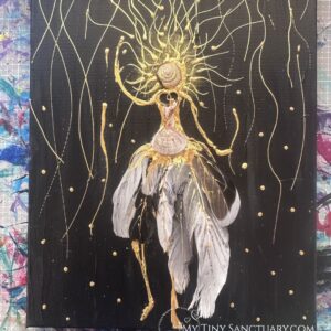 The Raw Women, a 30x24cm mixed media artwork by Christel Mesey. Combines acrylic paint with natural seashells and feathers collected from Greek and UK shores. Depicts an untamed female figure representing freedom, boundary-setting, and raw feminine energy.