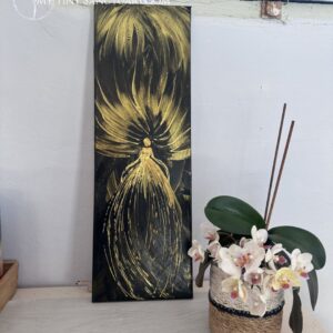 The Golden Flame, a 60x20cm acrylic painting on canvas by Christel Mesey. Features a graceful, fiery figure emerging from a dark background, symbolizing inner strength, transformation, and the spark of hope after grief.