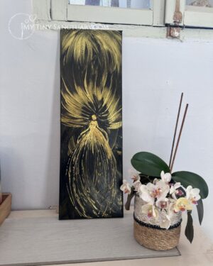 The Golden Flame, a 60x20cm acrylic painting on canvas by Christel Mesey. Features a graceful, fiery figure emerging from a dark background, symbolizing inner strength, transformation, and the spark of hope after grief.